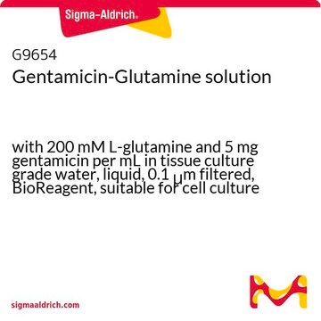 Gentamicin-Glutamine solution with 200 mM L-glutamine and 5 mg gentamicin per mL in tissue culture grade water, liquid, 0.1 &#956;m filtered, BioReagent, suitable for cell culture