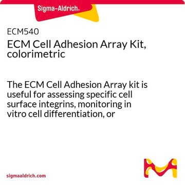 ECM Cell Adhesion Array Kit, colorimetric The ECM Cell Adhesion Array kit is useful for assessing specific cell surface integrins, monitoring in vitro cell differentiation, or screening potential cell adhesion promoters/inhibitors.