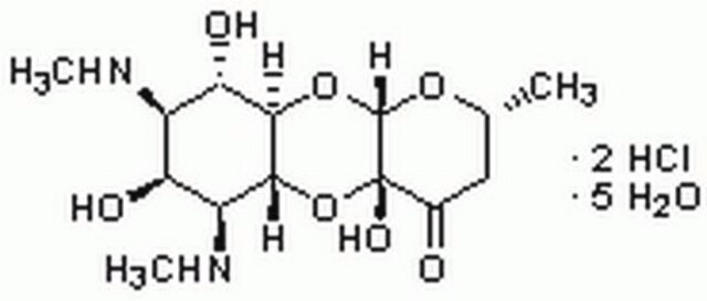 Spectinomycin, Dihydrochloride, Pentahydrate, Streptomyces sp. A broad spectrum aminoglycoside antibiotic that contains two glucose moieties. Footprint studies indicate that spectinomycin exerts regional effects on ribosomal structure.