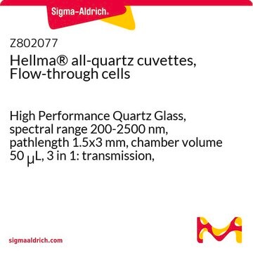 Hellma&#174; all-quartz cuvettes, Flow-through cells High Performance Quartz Glass, spectral range 200-2500 nm, pathlength 1.5x3&#160;mm, chamber volume 50&#160;&#956;L, 3 in 1: transmission, fluorescence, 2 optical path lengths