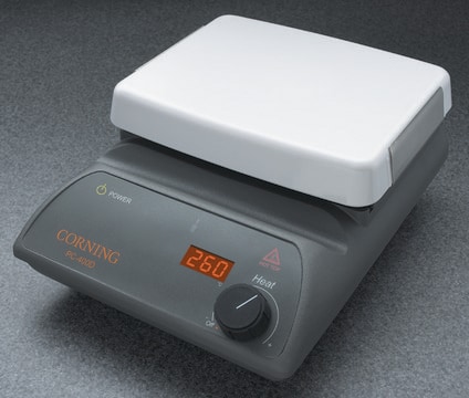 Corning&#174; hotplate with digital display AC/DC input 230 V AC (Supplied with both 3-pin UK plug and 2-pin Euro plug), plate L × W 5&#160;in. × 7&#160;in., CE compliant