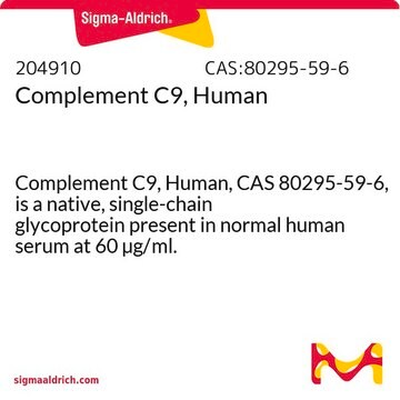 Complement C9, Human Complement C9, Human, CAS 80295-59-6, is a native, single-chain glycoprotein present in normal human serum at 60 &#181;g/ml.