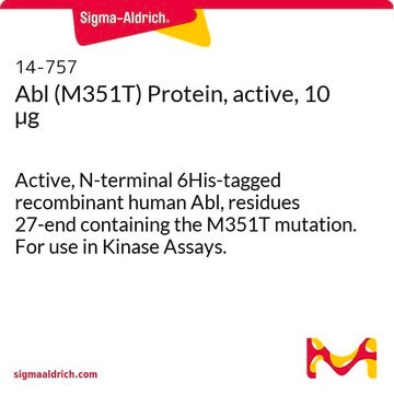 Abl (M351T) Protein, active, 10 &#181;g Active, N-terminal 6His-tagged recombinant human Abl, residues 27-end containing the M351T mutation. For use in Kinase Assays.