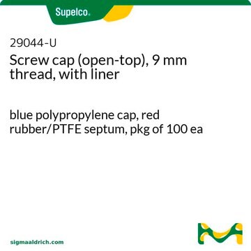 Screw cap (open-top), 9 mm thread, with liner blue polypropylene cap, red rubber/PTFE septum, pkg of 100&#160;ea