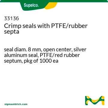 Crimp seals with PTFE/rubber septa seal diam. 8&#160;mm, open center, silver aluminum seal, PTFE/red rubber septum, pkg of 1000&#160;ea