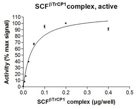 SCF-TrCP1 Protein Complex, Active, 10 &#181;g Active complex of four (4) recombinant human enzymes: full length Skp1, full length Cul1, full length Rbx1, &amp; &#946;TrCP1 (amino acids 53-end). For use in Enzyme Assays. Functions as an E3 ligase in ubiquitination assays.