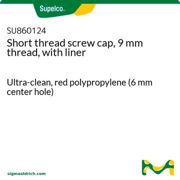 Short thread screw cap, 9 mm thread, with liner Ultra-clean, red polypropylene (6 mm center hole)