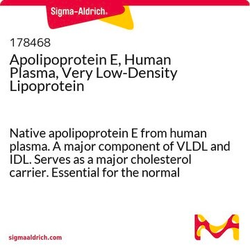 Apolipoprotein E, Human Plasma, Very Low-Density Lipoprotein Native apolipoprotein E from human plasma. A major component of VLDL and IDL. Serves as a major cholesterol carrier. Essential for the normal catabolism of triglyceride-rich lipoprotein constituents.