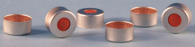 Crimp seals, 11 mm, with PTFE/rubber septa gold aluminum seal, size × thickness 11&#160;mm × 1.0&#160;mm, septum (TFE/butyl/red rubber), pkg of 100&#160;ea