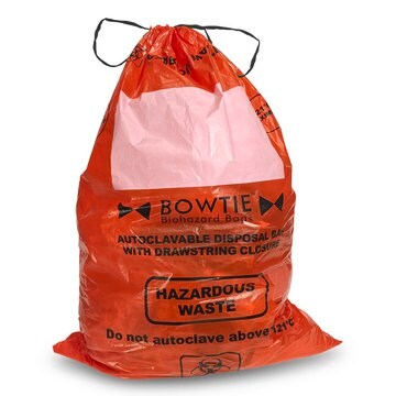 MTC&#8482; Bio BowTie&#8482; Drawstring Biohazard Bags high-density polyethylene, capacity 12&#160;gal (45&#160;L), W × L 25&#160;in. (64&#160;cm) × 35&#160;in. (89&#160;cm), with large marking area and sterilization indicator, pack of 100&#160;ea