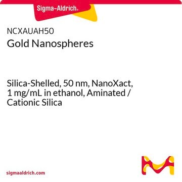 Gold Nanospheres Silica-Shelled, 50&#160;nm, NanoXact, 1&#160;mg/mL in ethanol, Aminated / Cationic Silica