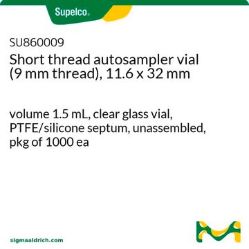 ショートスレッドオートサンプラーバイアル（9 mm スレッド）、11.6 x 32 mm volume 1.5&#160;mL, clear glass vial, PTFE/silicone septum, unassembled, pkg of 1000&#160;ea