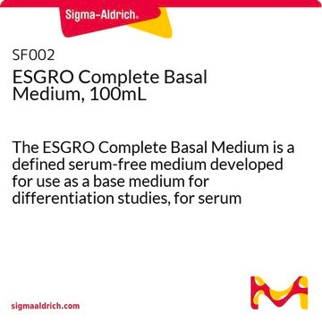 ESGRO Complete Basal Medium, 100mL The ESGRO Complete Basal Medium is a defined serum-free medium developed for use as a base medium for differentiation studies, for serum free culture of ES cells when used with LIF &amp; BMP.