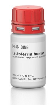 Lactoferrin human recombinant, expressed in rice, Partially iron saturated, &#8805;90% (SDS-PAGE)