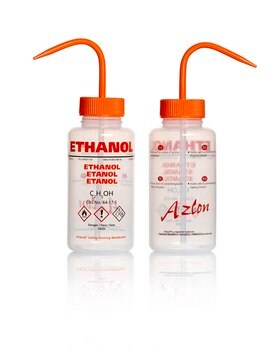 Azlon&nbsp;Multi-Lingual Safety Wash Bottles With Driplok Vapor Venting label, Ethanol (in Norwegian, Danish, Swedish, English), capacity 500&#160;mL