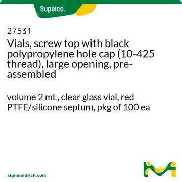 Vials, screw top with black polypropylene hole cap (10-425 thread), large opening, pre-assembled volume 2&#160;mL, clear glass vial, red PTFE/silicone septum, pkg of 100&#160;ea