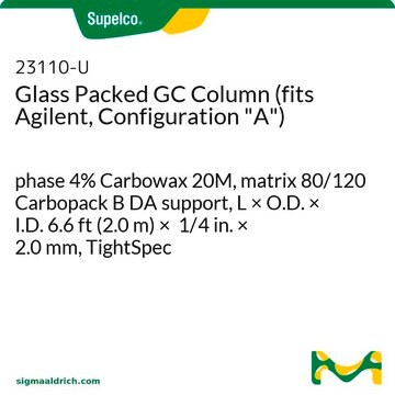 Glass Packed GC Column (fits Agilent, Configuration "A") phase 4% Carbowax 20M, matrix 80/120 Carbopack B DA support, L × O.D. × I.D. 6.6&#160;ft (2.0&#160;m) × 1/4&#160;in. × 2.0&#160;mm, TightSpec