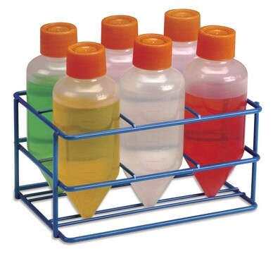 Coated Wire Centrifuge Bottle Rack to hold, 6 x 250 mL centrifuge bottles, blue high-density polyethylene coating