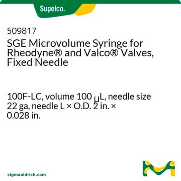 SGE社微量シリンジ、Rheodyne&#174;およびValco&#174; バルブ用、固定針型 100F-LC, volume 100&#160;&#956;L, needle size 22 ga, needle L × O.D. 2&#160;in. × 0.028&#160;in.