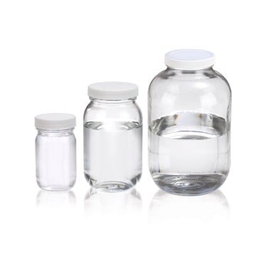 Wheaton wide-mouth bottle capacity 65&#160;oz (2000&#160;mL), white polypropylene cap, clear, PTFE flat liner