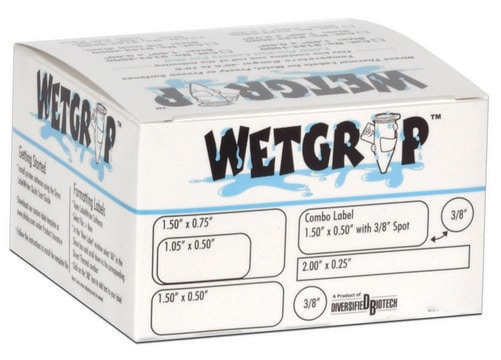 Direct Thermal WetGrip labels Tag and spot, white, L × W 1.5&#160;in. × 0.5&#160;in. , Tag, diam. 0.375&#160;in. , Spot, roll of 1000