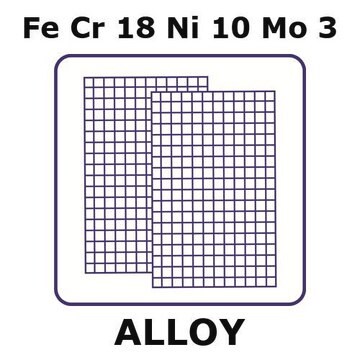 Stainless Steel - AISI 316 alloy, FeCr18Ni10Mo3 mesh, 300 x 300mm, 0.103mm nominal aperture, 0.066mm wire diameter, 150 x 150 wires/inch, 0.37 open area, plain weave mesh type