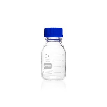 Duran&#174; Protect, Laboratory Bottle Laboratory bottle, plastic-coated glass bottle, neck Joints: threaded (GL45), with screw cap to drain contents, WITH SCREW-CAP AND POURING RING (PP), capacity 250&#160;mL