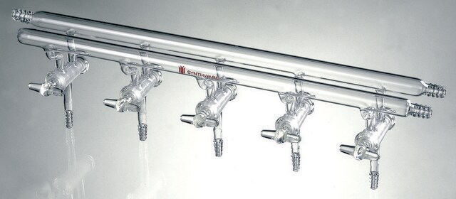 Synthware&#8482; all-glass vacuum/inert gas manifold with hollow high vacuum stopcocks number of ports, 5, Hose Connections: Front-right, Rear-left-right