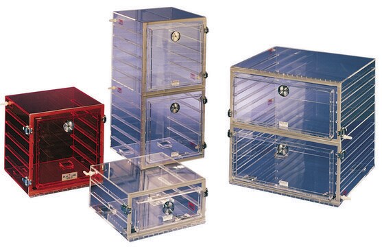 Plas-Labs desiccator cabinet, clear acrylic model 860-CG, W × D × H 12&#160;in. × 12&#160;in. × 12&#160;in.