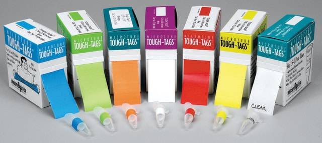 Tough-Tags&#8482; microcentrifuge tube labels green, roll of 1000&#160;labels, L × W 0.94&#160;in. × 0.50&#160;in.