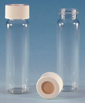 EPA Vials, white polypropylene screw top hole cap, pre-cleaned and assembled volume 40&#160;mL, clear glass vial, vial O.D. × H 29&#160;mm × 82&#160;mm, pkg of 72&#160;ea