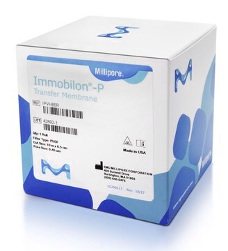 Immobilon&#174;-P Membrane, PVDF, 0.45 m, 8.5 cm x 10 m roll 0.45 um ( 0.45 micron filter ) pore size Hydrophobic immobilon-P PVDF Transfer Membrane for western blotting using Chemiluminescence, Chromogenic or Radioactive detection methods. Comes in an 8.5 cm x 10 m roll.