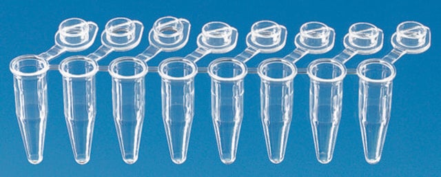 BRAND&#174; PCR tubes, strips of 8 attached transparent single caps, standard profile, capacity 0.2&#160;mL, white wells