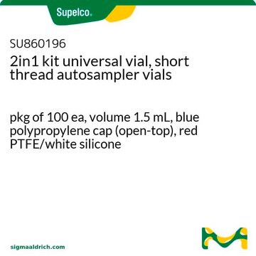 2in1 kit universal vial, short thread autosampler vials pkg of 100&#160;ea, volume 1.5&#160;mL, blue polypropylene cap (open-top), red PTFE/white silicone