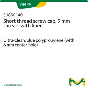 Short thread screw cap, 9 mm thread, with liner Ultra-clean, blue polypropylene (with 6 mm center hole)