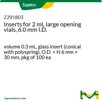 Inserts for 2 mL large opening vials, 6.0 mm I.D. volume 0.3&#160;mL, glass insert (conical with polyspring), O.D. × H 6&#160;mm × 30&#160;mm, pkg of 100&#160;ea