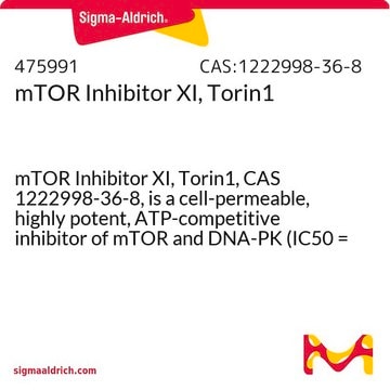 mTOR Inhibitor XI, Torin1 mTOR Inhibitor XI, Torin1, CAS 1222998-36-8, is a cell-permeable, highly potent, ATP-competitive inhibitor of mTOR and DNA-PK (IC50 = 4.32 and 6.34 nM, respectively).