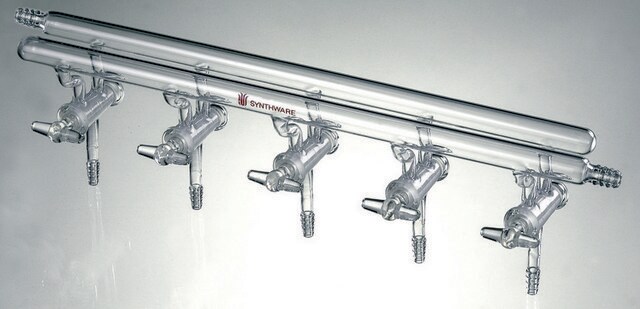 Synthware&#8482; all-glass vacuum/inert gas manifold with hollow high vacuum stopcocks number of ports, 5, Hose Connections: Front-right, Rear-left