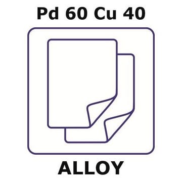 Palladium-copper alloy, Pd60Cu40 foil, 50 x 50mm, 0.025mm thickness, light tight (lt)