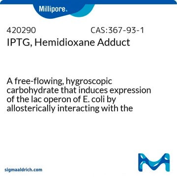 IPTG, Hemidioxane Adduct A free-flowing, hygroscopic carbohydrate that induces expression of the lac operon of E. coli by allosterically interacting with the repressor molecule.