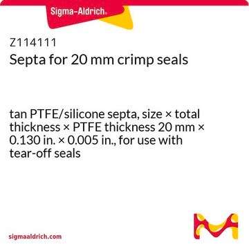 Septa for 20 mm crimp seals tan PTFE/silicone septa, size × total thickness × PTFE thickness 20&#160;mm × 0.130&#160;in. × 0.005&#160;in., for use with tear-off seals