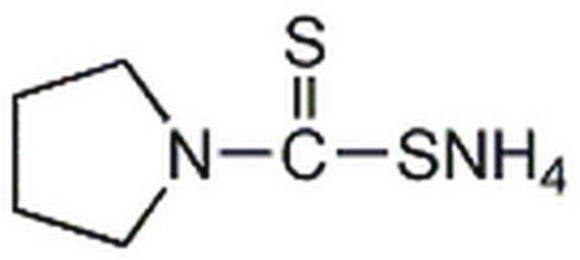 1-Pyrrolidinecarbodithioic Acid, Ammonium Salt Cell permeable. Inhibits the induction of NOS activity in rat alveolar macrophages. Prevents apoptosis in human HL-60 cells and thymocytes, but induces apoptosis in human and rat smooth muscle cells.