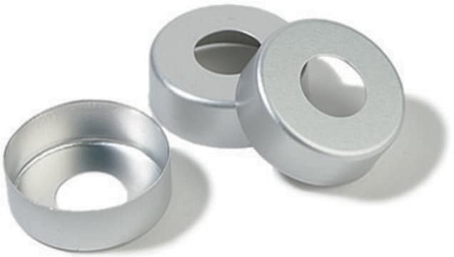 Aluminum crimp seal (without septum), silver aluminum open center, diam. × opening 20&#160;mm × 9.5&#160;mm, pkg of 100&#160;ea