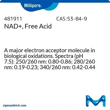 NAD+, Free Acid A major electron acceptor molecule in biological oxidations. Spectra (pH 7.5): 250/260 nm: 0.80-0.86; 280/260 nm: 0.19-0.23; 340/260 nm: 0.42-0.44 (with ADH at pH 10).