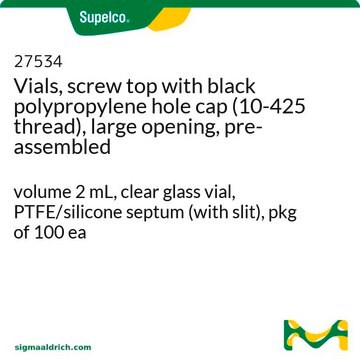 Vials, screw top with black polypropylene hole cap (10-425 thread), large opening, pre-assembled volume 2&#160;mL, clear glass vial, PTFE/silicone septum (with slit), pkg of 100&#160;ea