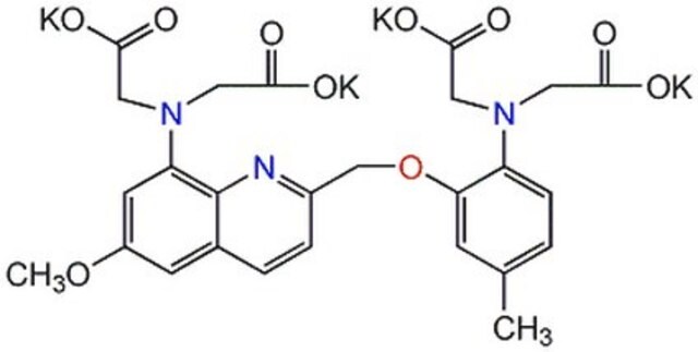 QUIN 2, Tetrapotassium Salt Binding of Ca2+ leads to a major shift in UV absorption spectrum and a twenty-fold enhancement in fluorescence quantum yield.