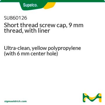 Short thread screw cap, 9 mm thread, with liner Ultra-clean, yellow polypropylene (with 6 mm center hole)