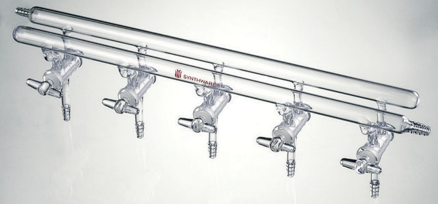 Synthware&#8482; all-glass vacuum/inert gas manifold with solid high vacuum stopcocks number of ports, 4, Hose Connections: Front-right, Rear-left