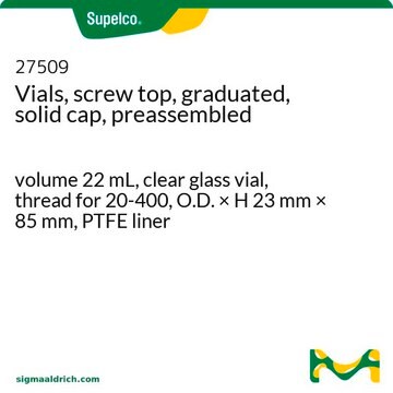 Vials, screw top, graduated, solid cap, preassembled volume 22&#160;mL, clear glass vial, thread for 20-400, O.D. × H 23&#160;mm × 85&#160;mm, PTFE liner